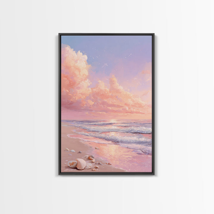 Pastel Ocean Sunrise With Seashells Canvas Print, Coastal Wall Art, Beach House Decor, Seascape Painting, Gift For Her, Home Decor