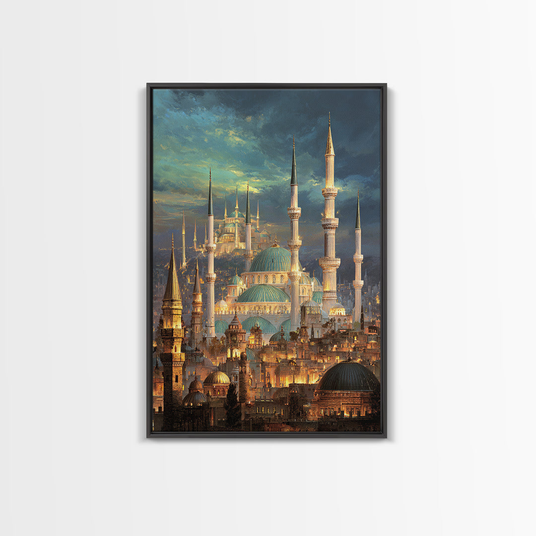 Elegant Cityscape Painting Of Historic Minarets And Domes With Glowing Lights At Dusk Wall Art Canvas Print