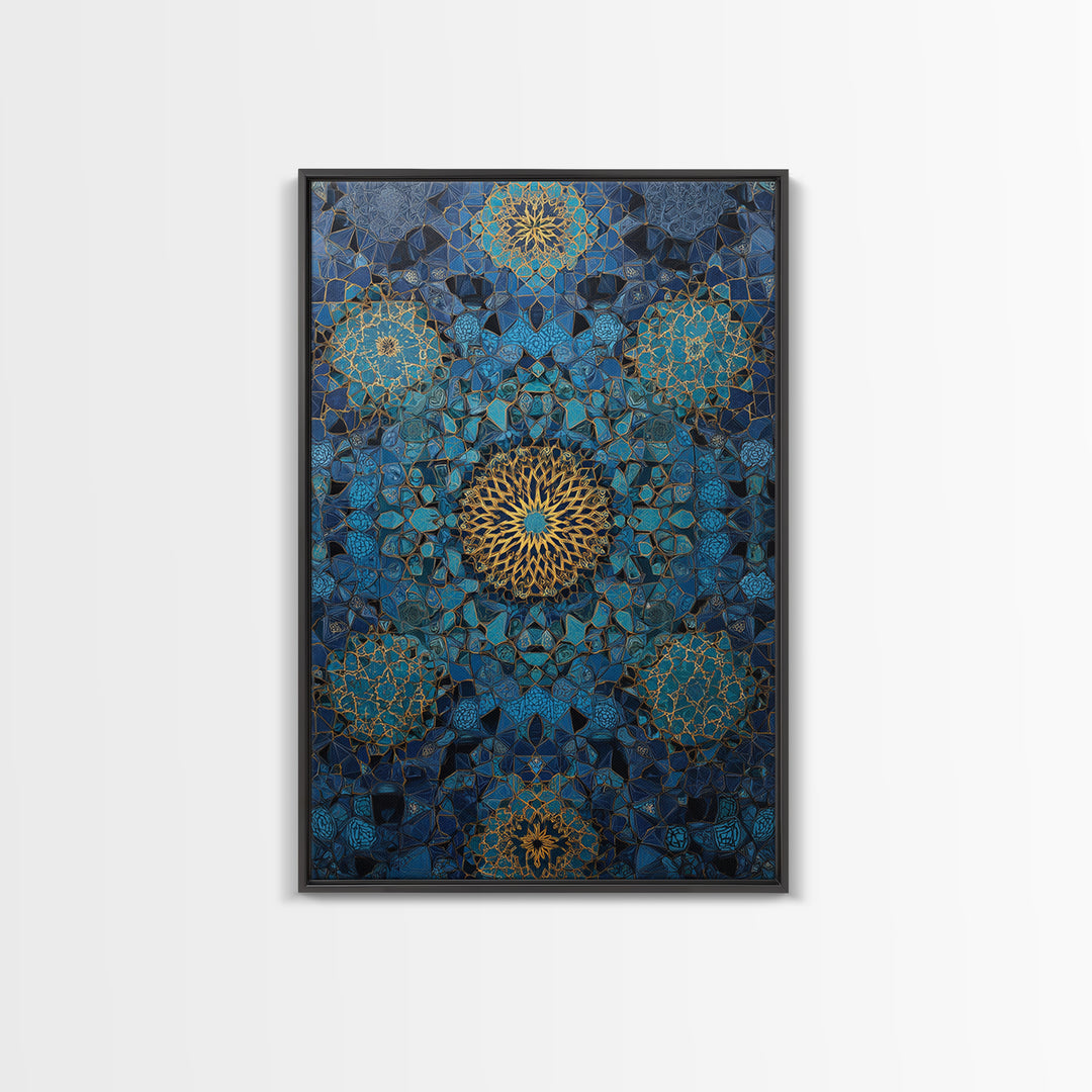Intricate Blue And Gold Islamic Geometric Pattern Wall Art Framed Canvas Print For Modern Home Decor