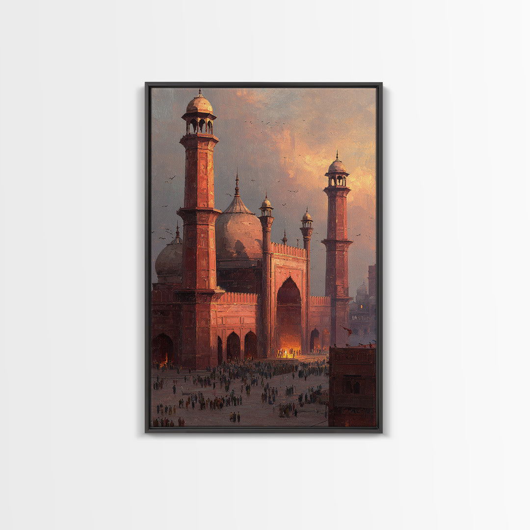 Historic Red Mosque Sunset Scene With Crowds And Birds Captured In Beautiful Oil Painting Wall Art