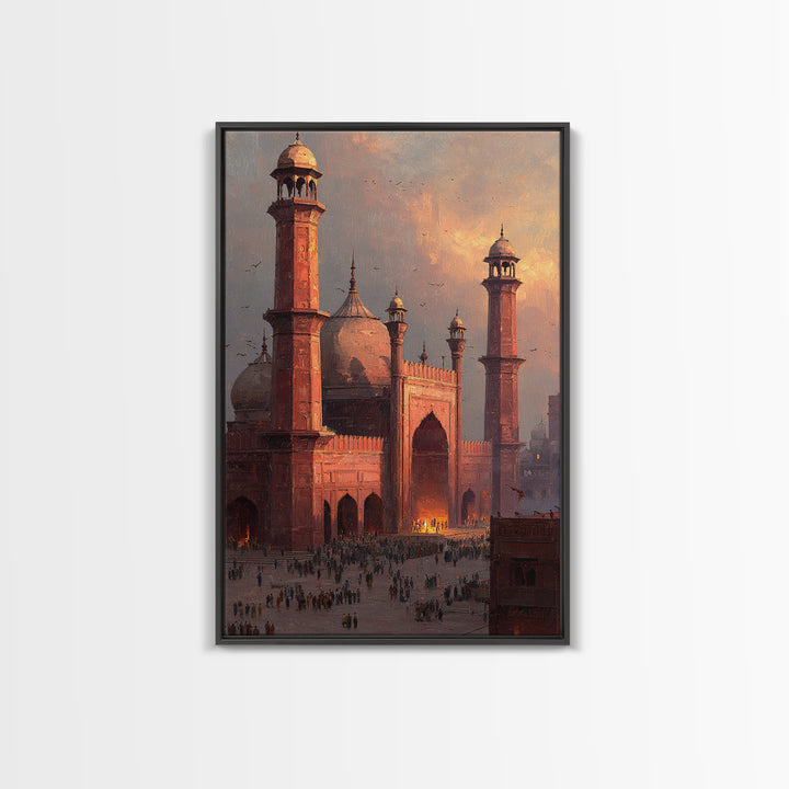 Historic Red Mosque Sunset Scene With Crowds And Birds Captured In Beautiful Oil Painting Wall Art
