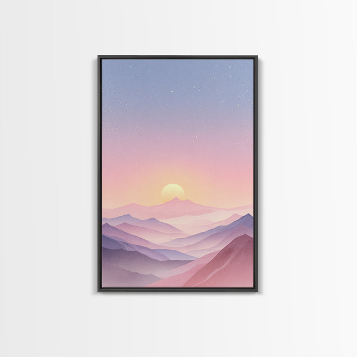 Pastel Mountain Sunrise Under Starry Sky Wall Art, Minimalist Landscape Print, Calming Bedroom Decor, Modern Home Decor, Gift
