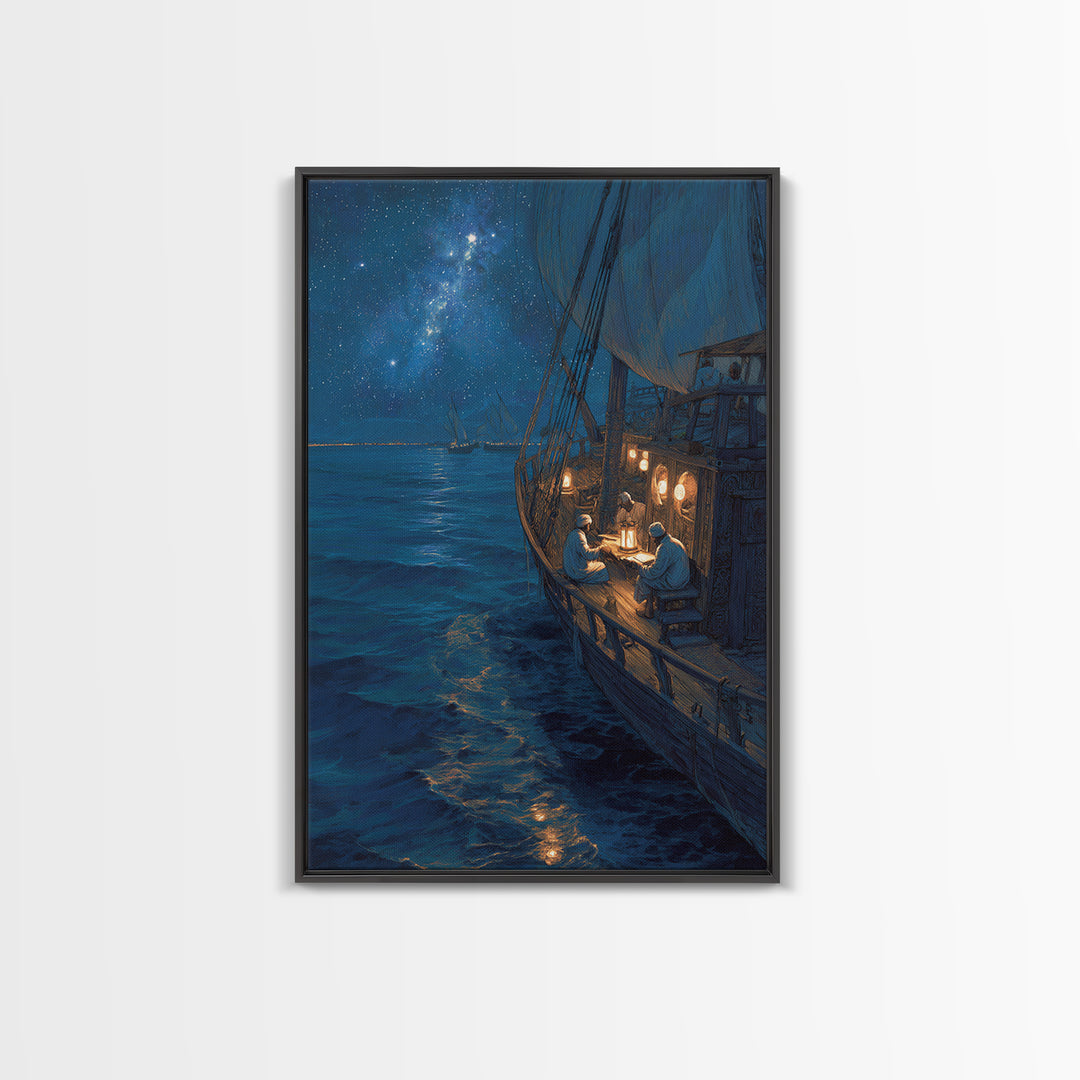Sailors Reading By Lantern On Historic Ship Under Starry Night Sky Wall Art Framed Canvas Print For Nautical Home Decor