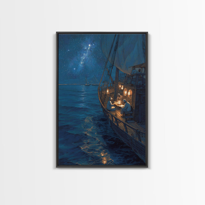 Sailors Reading By Lantern On Historic Ship Under Starry Night Sky Wall Art Framed Canvas Print For Nautical Home Decor