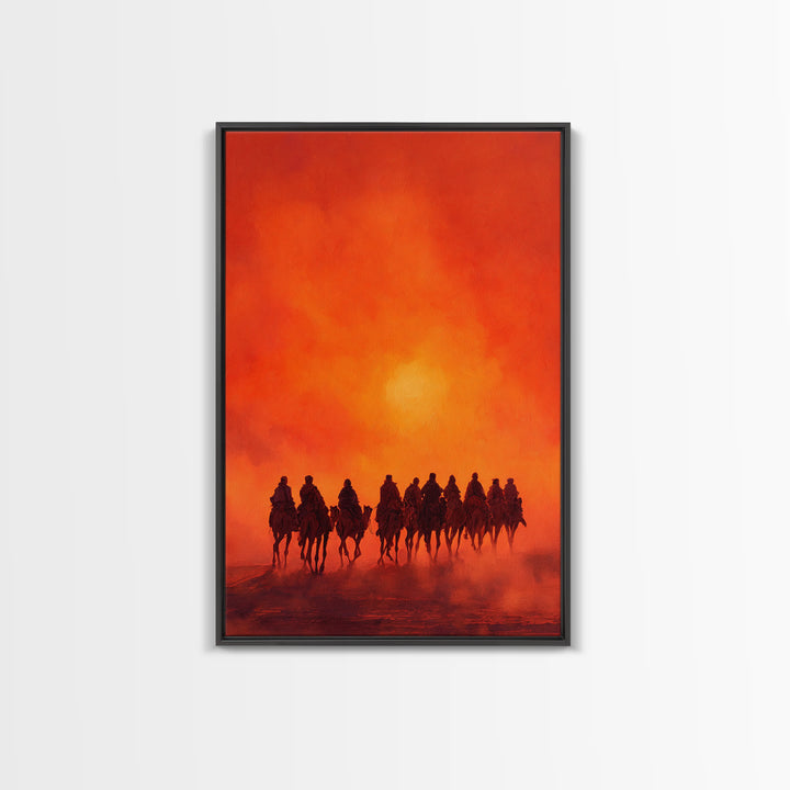 Silhouettes Of Travelers On Camels Against Vibrant Orange Sunset Desert Landscape Wall Art Canvas Print