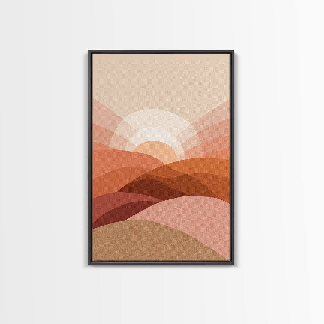Terracotta Desert Sunrise Over Layered Hills Framed Canvas Print, Boho Wall Art, Earth Tone Decor, Large Abstract Landscape