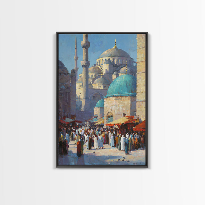 Islamic Architecture Mosque At Night Under Starry Sky With Reflective Marble Floor Wall Art Framed Canvas Print For Spiritual Decor