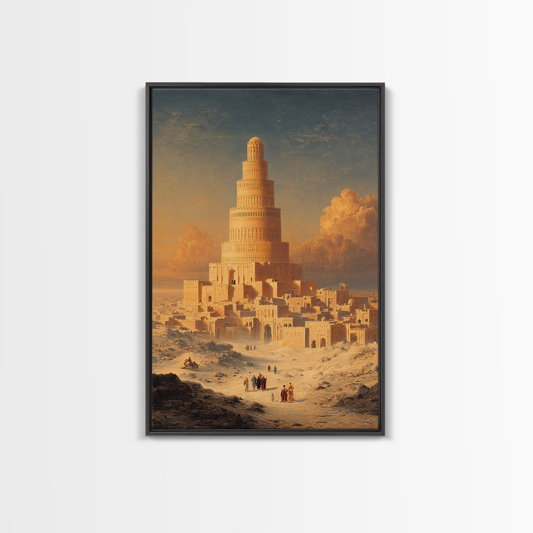 Majestic Ancient Tower With People And Sunset Sky Painting Wall Art Framed Canvas Print For Home Decor