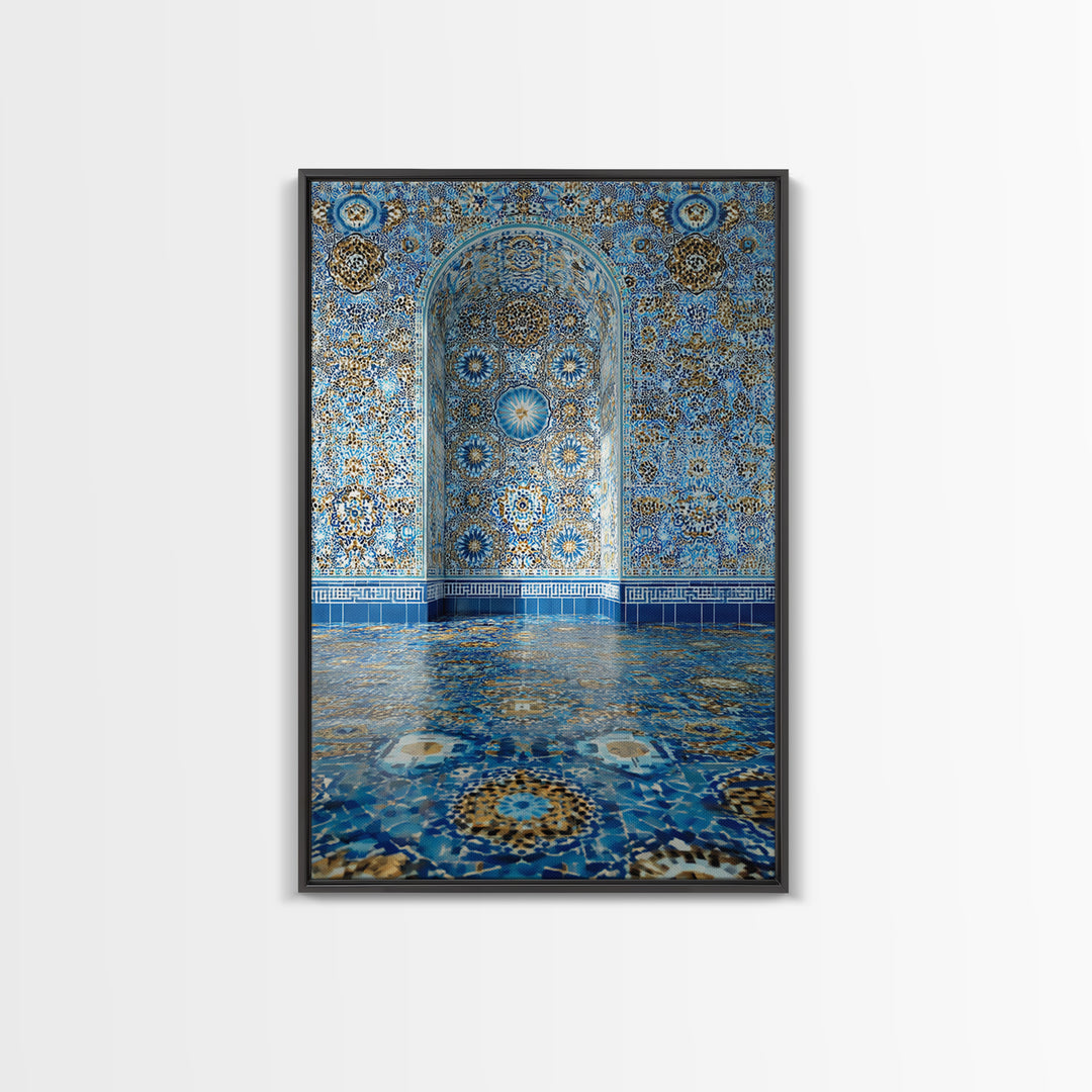 Intricate Islamic Tile Pattern Blue And Gold Wall Art Framed Canvas Print Featuring Elegant Cultural Home Decor Or Gift