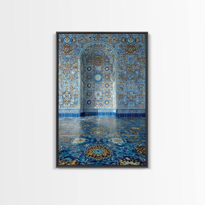 Intricate Islamic Tile Pattern Blue And Gold Wall Art Framed Canvas Print Featuring Elegant Cultural Home Decor Or Gift