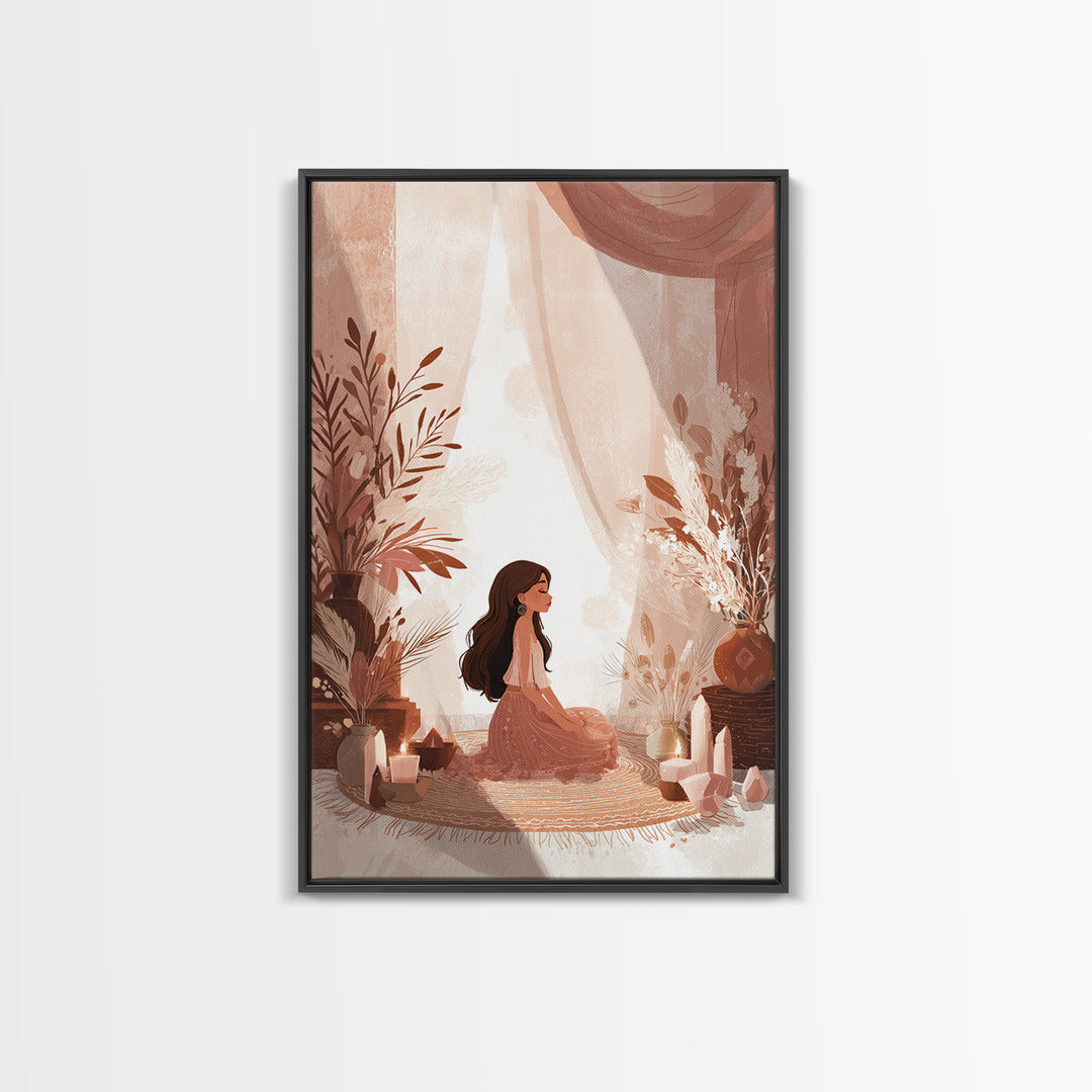 Boho Meditation Girl With Crystals And Pampas Framed Canvas Print, Yoga Studio Wall Art, Spiritual Decor, Boho Home Decor Gift