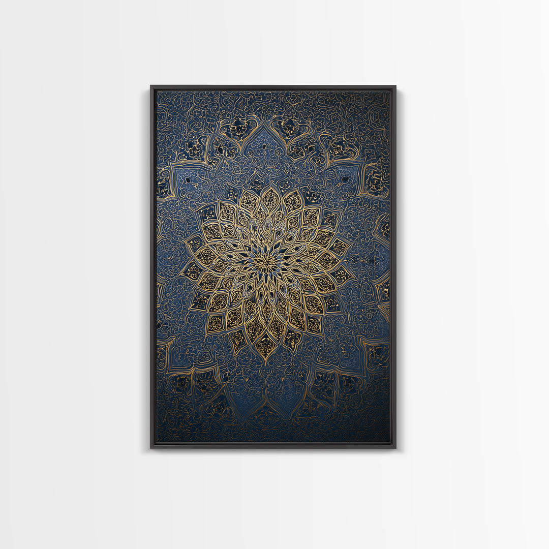 Intricate Blue And Gold Islamic Mandala Wall Art With Ornate Patterns Framed Canvas Print For Elegant Modern Home Decor