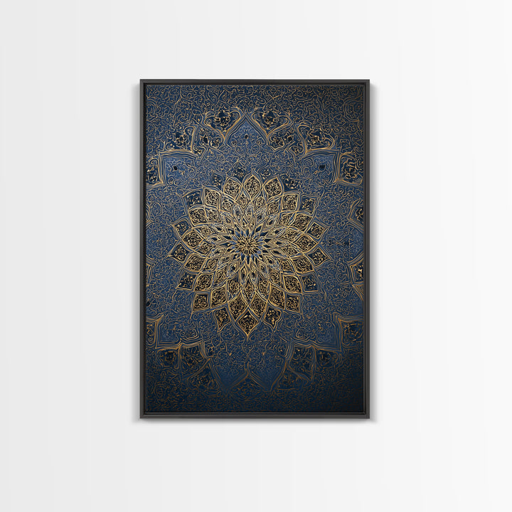 Intricate Blue And Gold Islamic Mandala Wall Art With Ornate Patterns Framed Canvas Print For Elegant Modern Home Decor