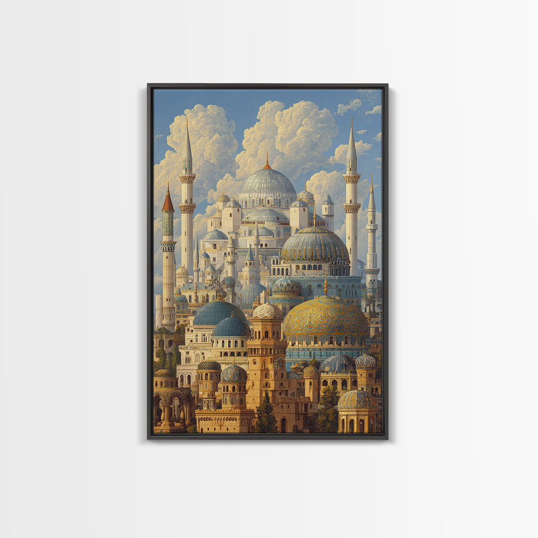 Detailed Ottoman Mosque Architecture With Puffy Clouds Original Landscape Oil Painting Wall Art For Home Or Office Decor
