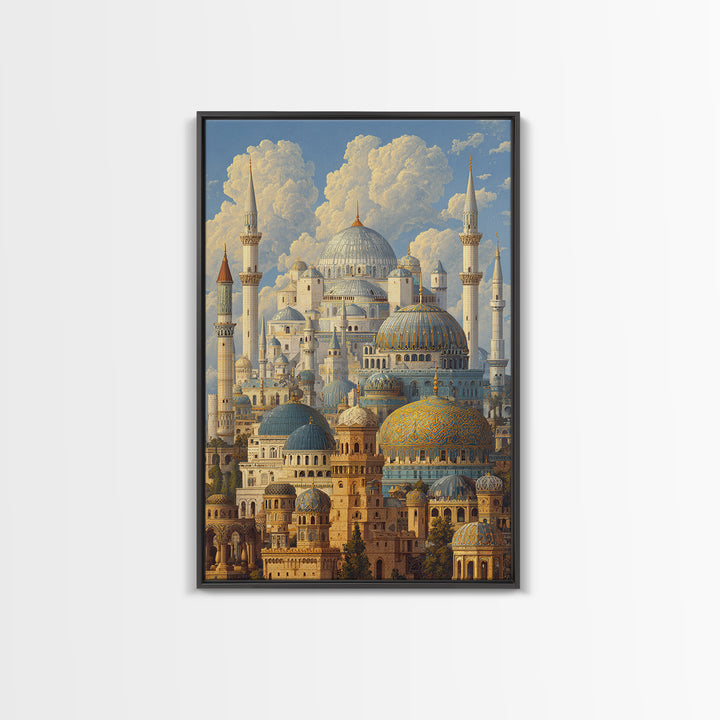 Detailed Ottoman Mosque Architecture With Puffy Clouds Original Landscape Oil Painting Wall Art For Home Or Office Decor