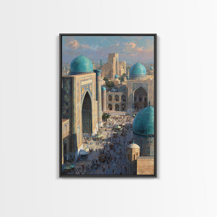 Sunlit Oriental Market Street With Blue Domed Buildings Painting Wall Art Framed Canvas Print
