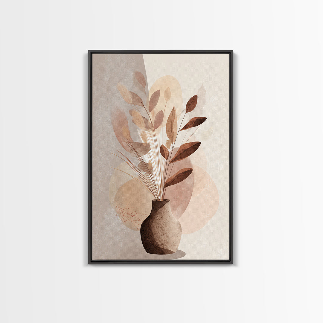 Neutral Botanical Vase With Soft Abstract Leaves Framed Canvas Print, Minimalist Wall Art, Japandi Decor, Modern Home Decor
