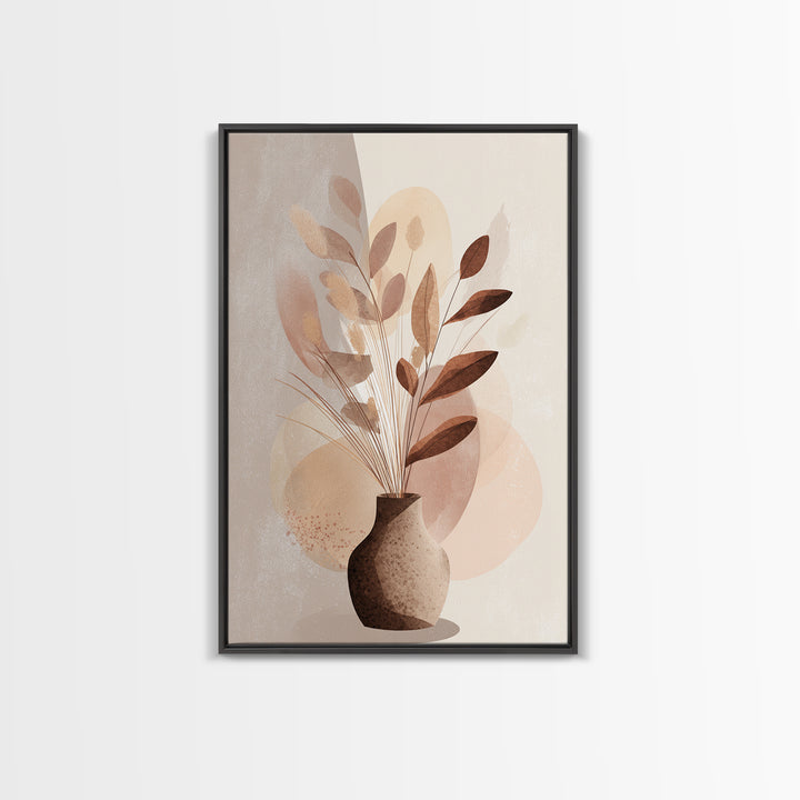 Neutral Botanical Vase With Soft Abstract Leaves Framed Canvas Print, Minimalist Wall Art, Japandi Decor, Modern Home Decor