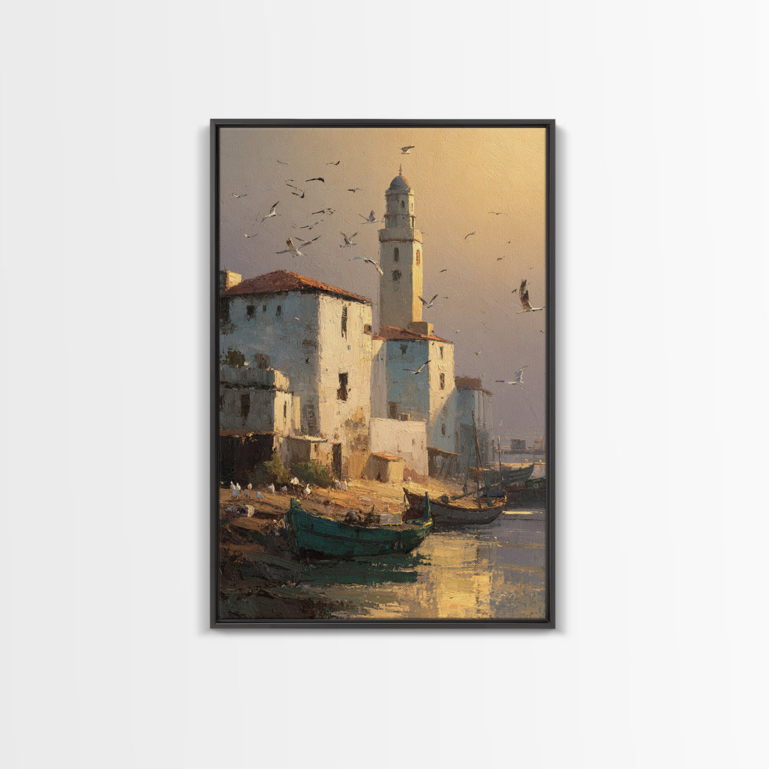 Quiet Coastal Town Harbor Scene With Boats And Warm Light Canvas Print Wall Art For Nautical Home Decor And Living Room Wall Art