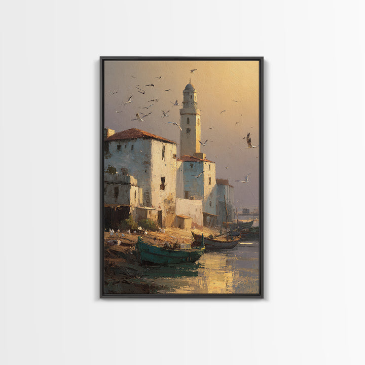 Quiet Coastal Town Harbor Scene With Boats And Warm Light Canvas Print Wall Art For Nautical Home Decor And Living Room Wall Art