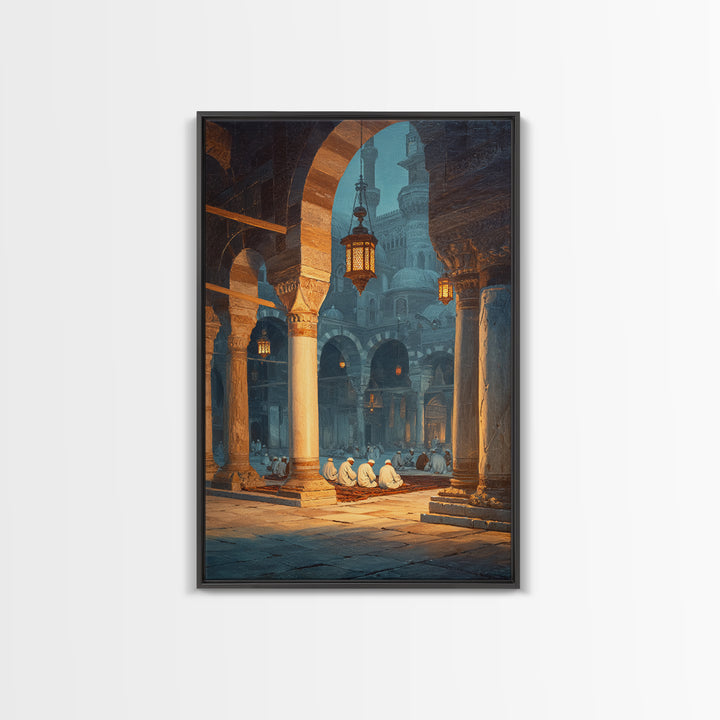 Ancient Mosque Interior With Worshippers And Pillars Framed Canvas Print Islamic Wall Art Modern Home Decor