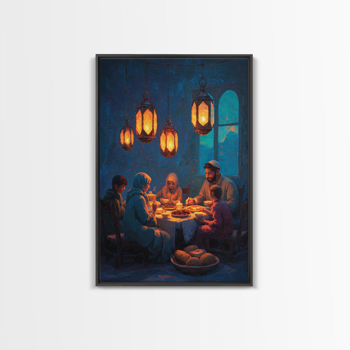 Warm Family Dinner Scene Oil Painting Inspired Wall Art Framed Canvas Print For Cozy Home Decor Gift For Loved Ones