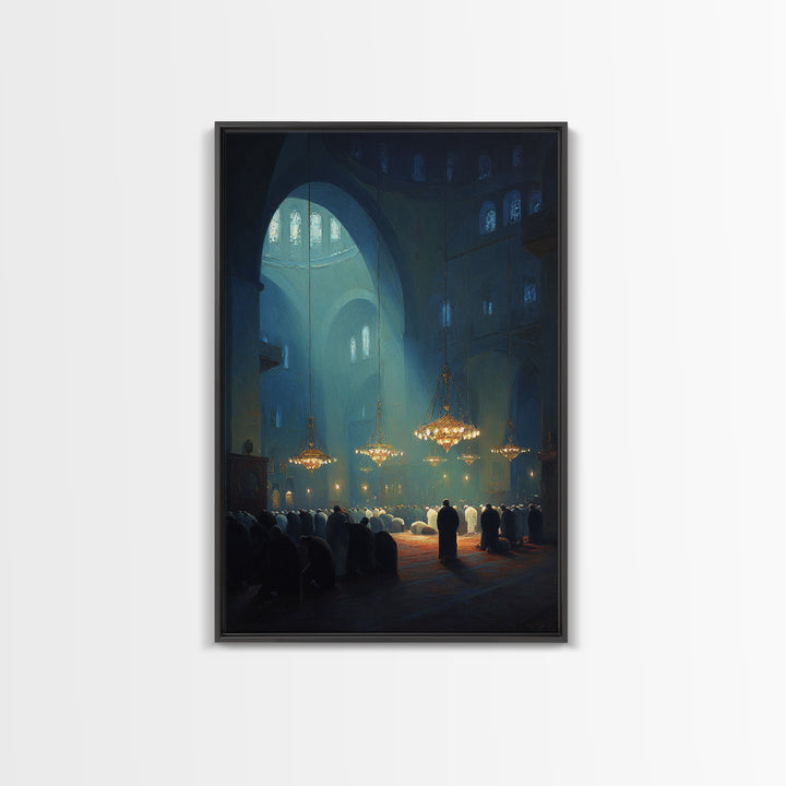 Spiritual Worship Scene Inside Cathedral With Light Beams And Congregation Modern Wall Art Canvas Print For Living Room Décor