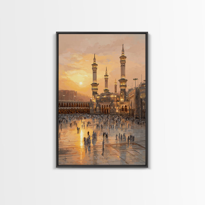 Sunset Over Mecca Mosque Digital Painting Wall Art Framed Canvas Print For Islamic Home Decor And Spiritual Gifts