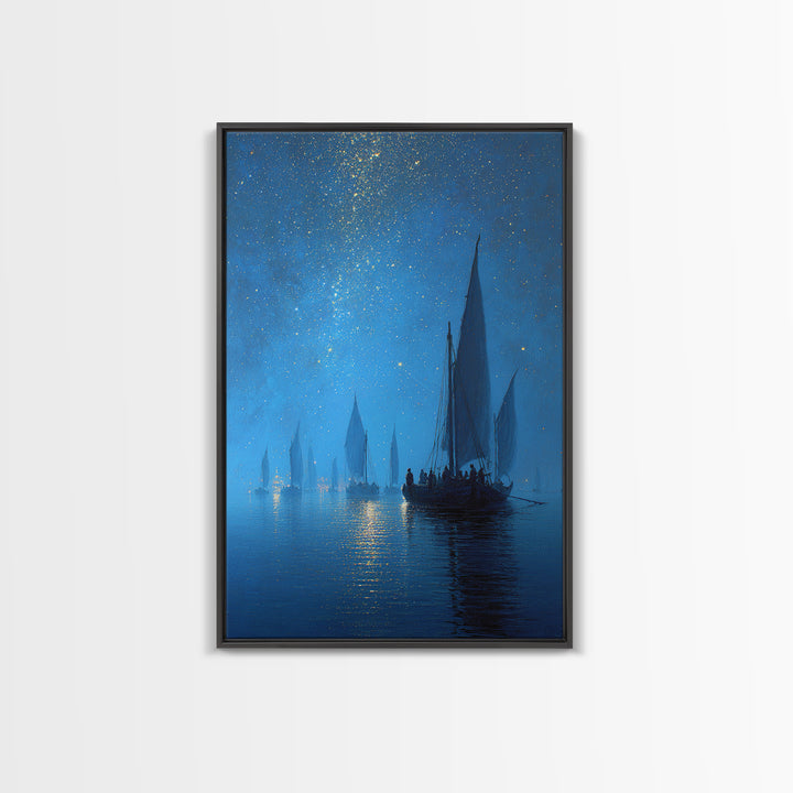 Starry Night Sailboat Scene With Glittering Sky And Calm Water - Modern Wall Art For Living Room Decor