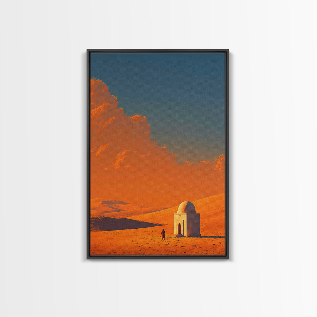 Desert Landscape With Monochrome Architecture And Vibrant Orange Sky Wall Art Framed Canvas Print For Home