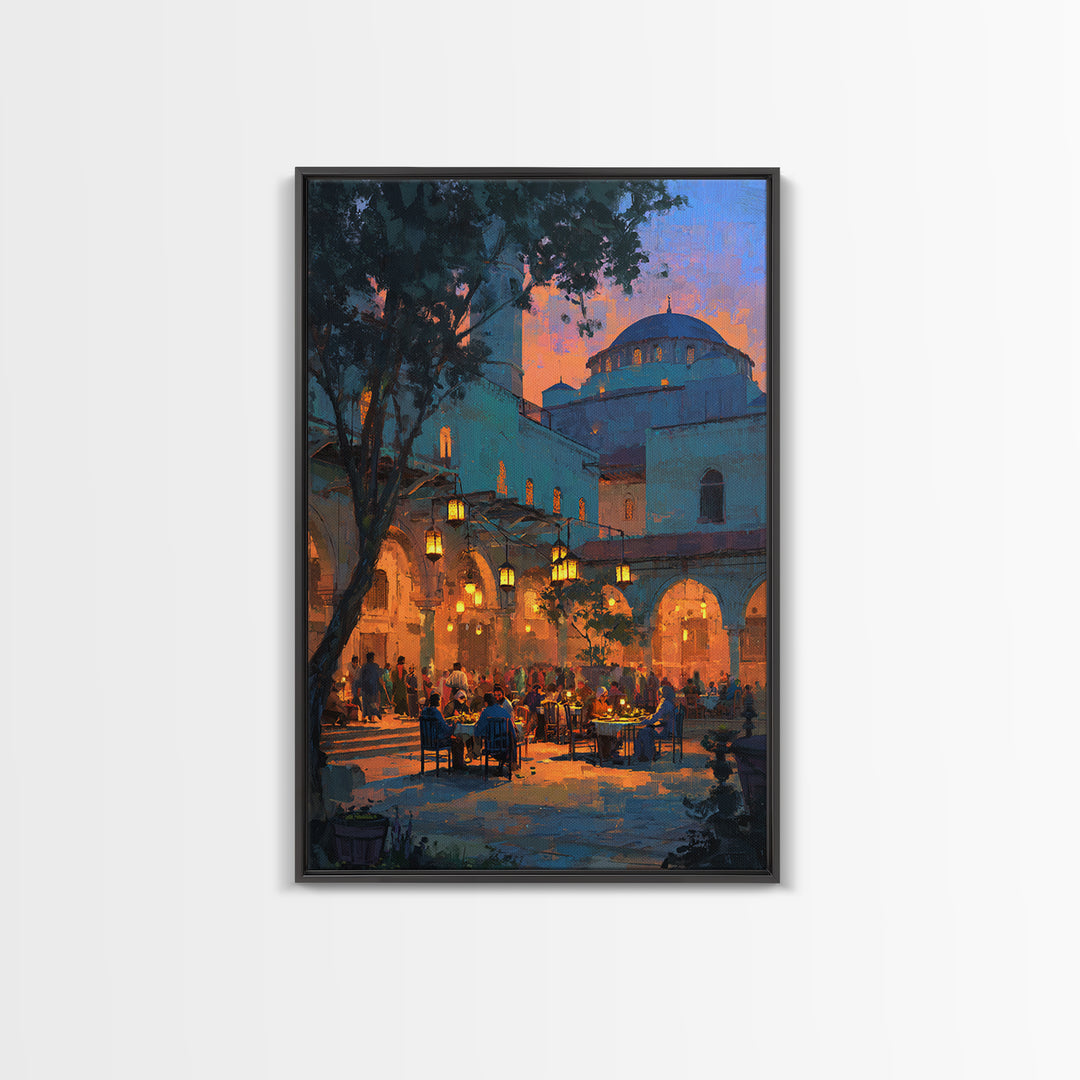 Serene Evening Mosque Courtyard With Warm Light And People Digital Painting Canvas Print For Cultural And Cozy Wall Decor