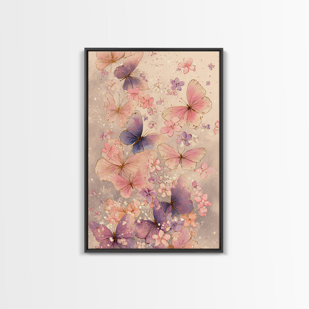 Pink And Purple Butterflies With Tiny Blossoms Framed Canvas Print, Feminine Wall Art, Butterfly Art Print, Nursery Decor
