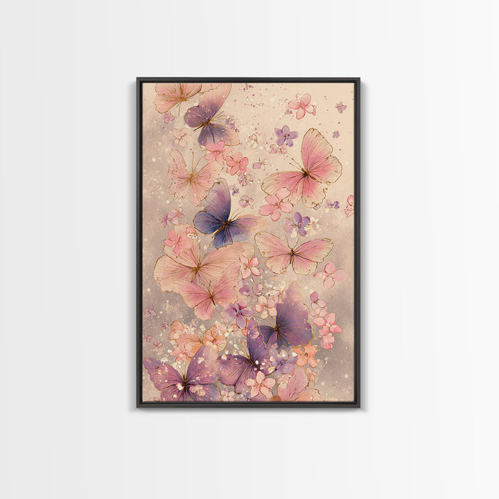 Pink And Purple Butterflies With Tiny Blossoms Framed Canvas Print, Feminine Wall Art, Butterfly Art Print, Nursery Decor