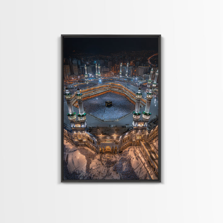 Aerial Nighttime View Of Mecca Holy Mosque And Kaaba Islamic Spiritual Artwork Large Wall Art Framed Canvas Print For Home Decor