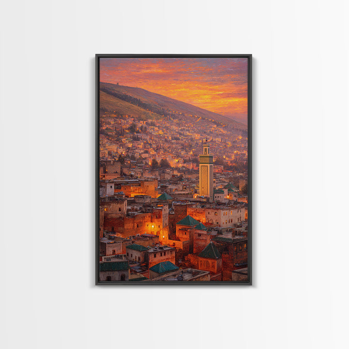 Sunlit Moroccan Cityscape At Dawn With Vibrant Orange Hues And Traditional Green Tiled Roofs Wall Art