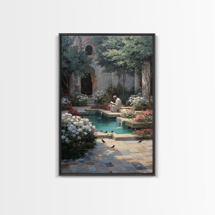 Serene Islamic Courtyard With Reflective Pool And Reading Man Oriental Framed Canvas Print Elegant Wall Art For Sophisticated Home