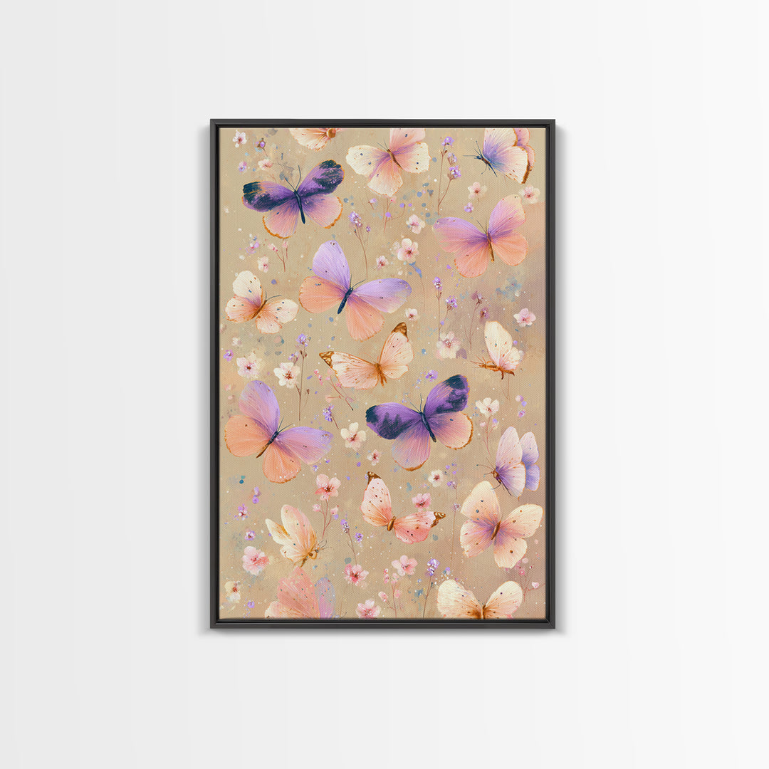 Pastel Butterflies And Wildflowers On Beige Canvas Print, Whimsical Wall Art, Girls Room Decor, Colorful Nursery Art Gift