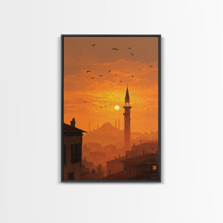 Golden Hour Sunset Over Cityscape With Birds Flying Wall Art Canvas Print For Warm Home Decor And Relaxing Living Room