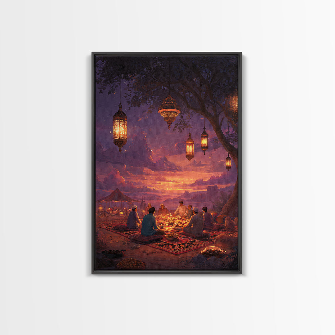 Illustrated Lanterns Night Scene Moroccan Style Wall Art Boho Home Decor Framed Canvas Print