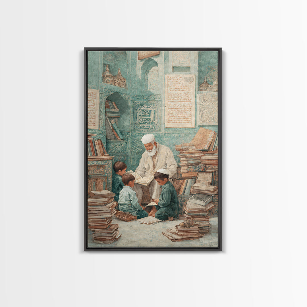 Traditional Islamic Learning Scene With Elderly Teacher And Students Wall Art Framed Canvas Print For Home Decor