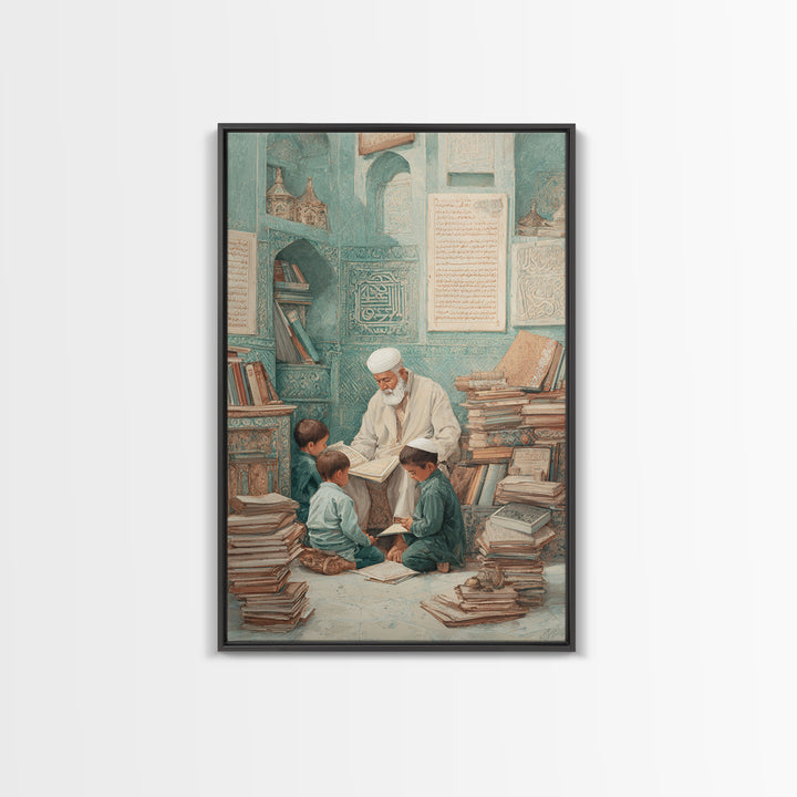 Traditional Islamic Learning Scene With Elderly Teacher And Students Wall Art Framed Canvas Print For Home Decor