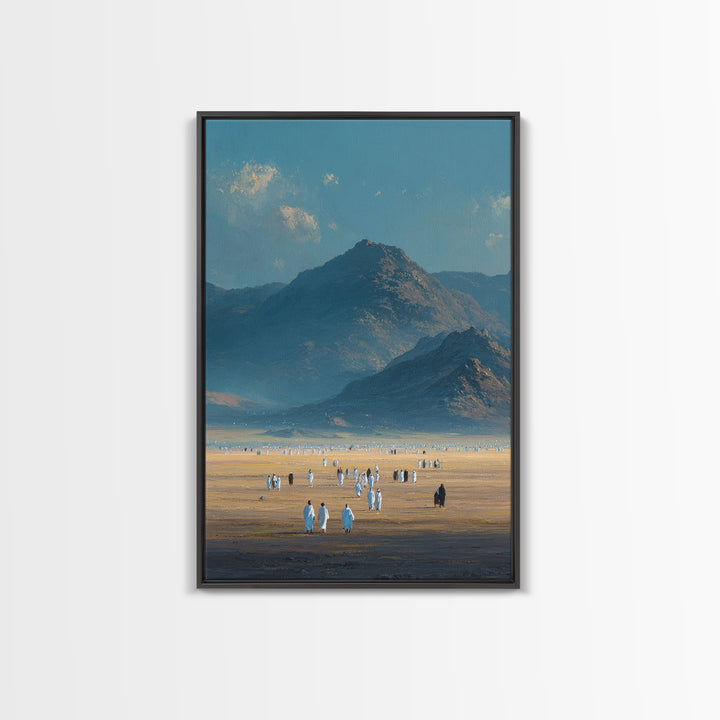 Expansive Desert Landscape With People Traveling Artistic Wall Art Framed Canvas Print For Minimalist Rustic Home Decor