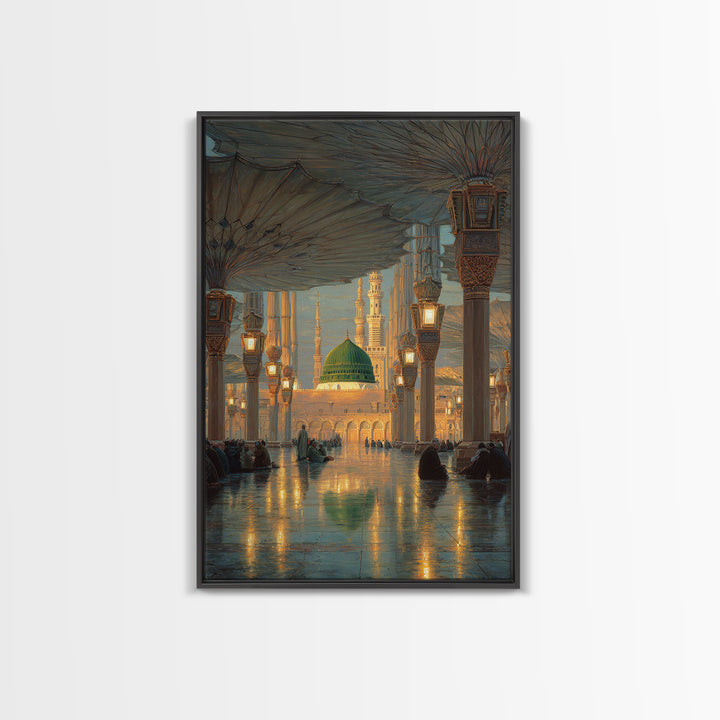 Historic Mosque Interior Painting With Ornate Architecture And Worshippers Canvas Print Wall Art For Spiritual Home Decor