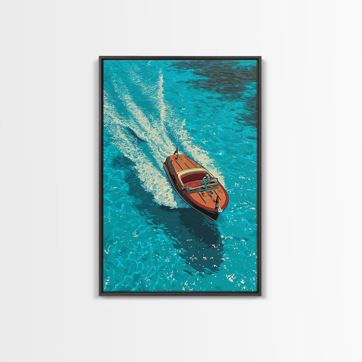 Classic Wooden Speedboat Zooming Through Deep Blue Water - Vibrant Canvas Print For Coastal Wall Art