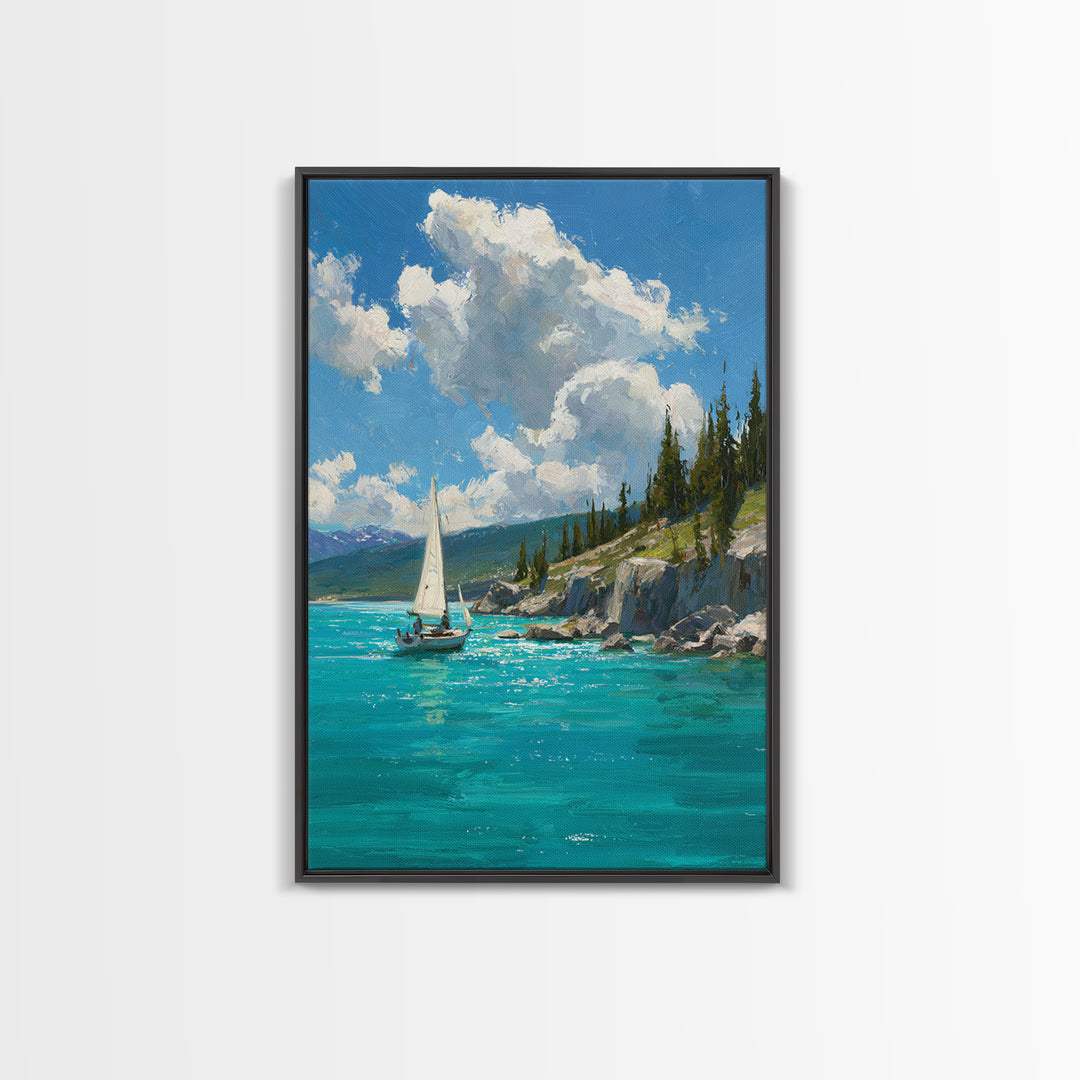Serene Mountain Lake Sailing Scene Oil Painting Canvas Print For Calm Living Room Decor And Nautical Wall Art