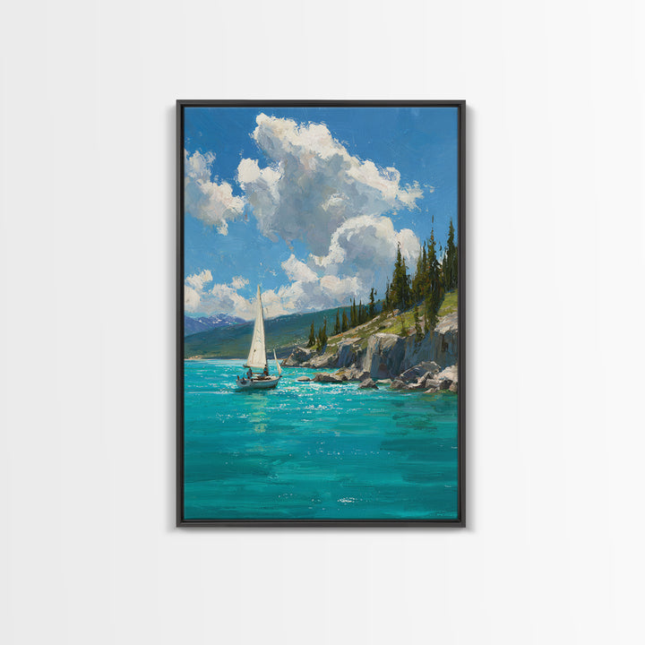 Serene Mountain Lake Sailing Scene Oil Painting Canvas Print For Calm Living Room Decor And Nautical Wall Art