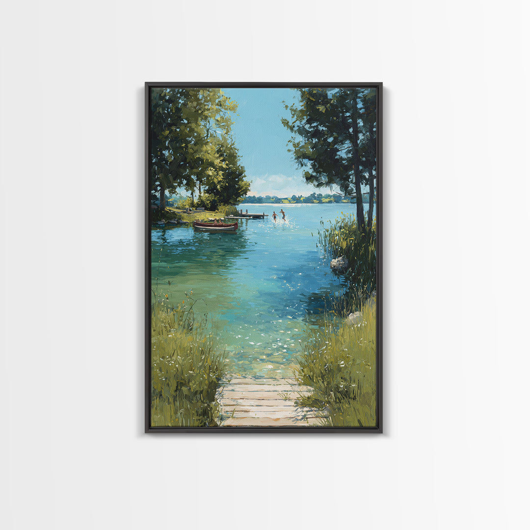 Peaceful Summer Lake Scene With Canoe And Children Splashing Wall Art Serene Landscape Framed Canvas Print Nature Decor