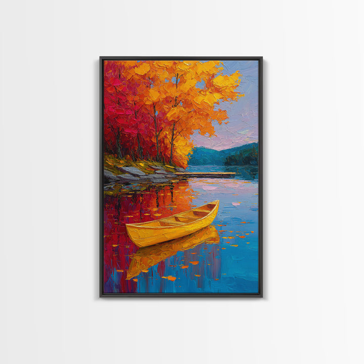 Vibrant Autumn Lake Scene With Yellow Canoe And Colorful Trees Wall Art Framed Canvas Print Fall Landscape Home Decor
