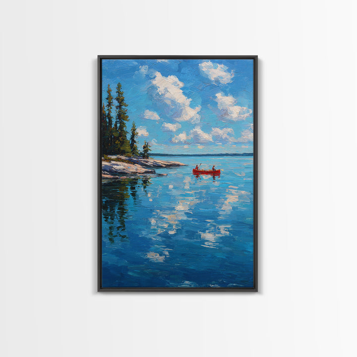 Pristine Lake Scene With Canoe And Pine Trees Under Blue Sky Captured In Classic Impasto Oil Painting