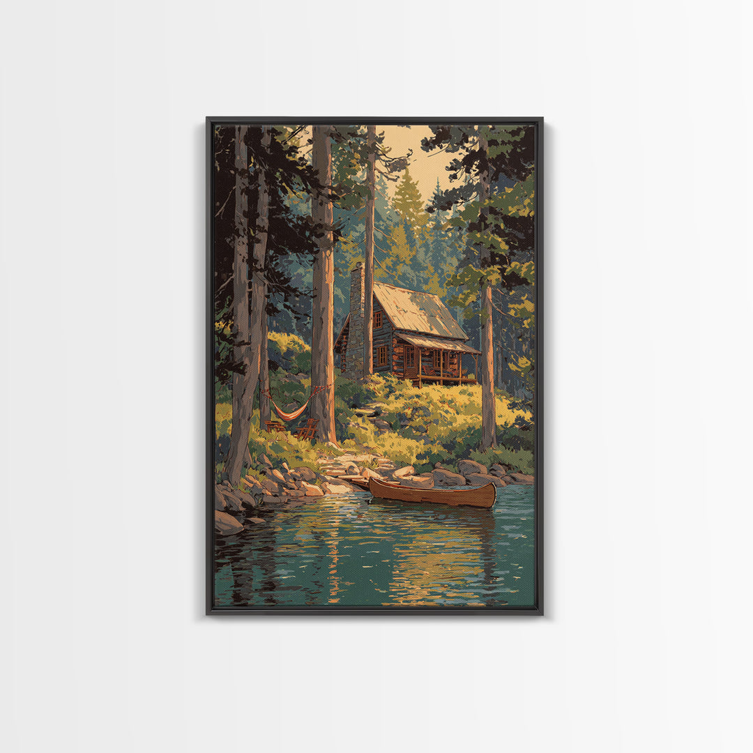 Cozy Log Cabin In Forest Landscape Painting Wall Art Boho Rustic Canvas Print For Cabin And Farmhouse Home Decor